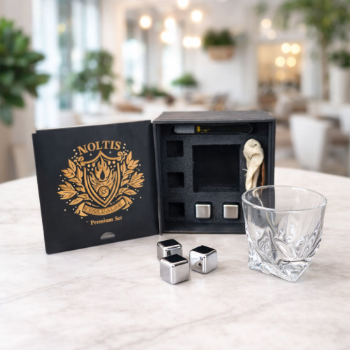 Подарунковий набір для віскі Moltis Quadro Premium Set: келих, 5 металевих кубиків, щипці, підставка, мішечок