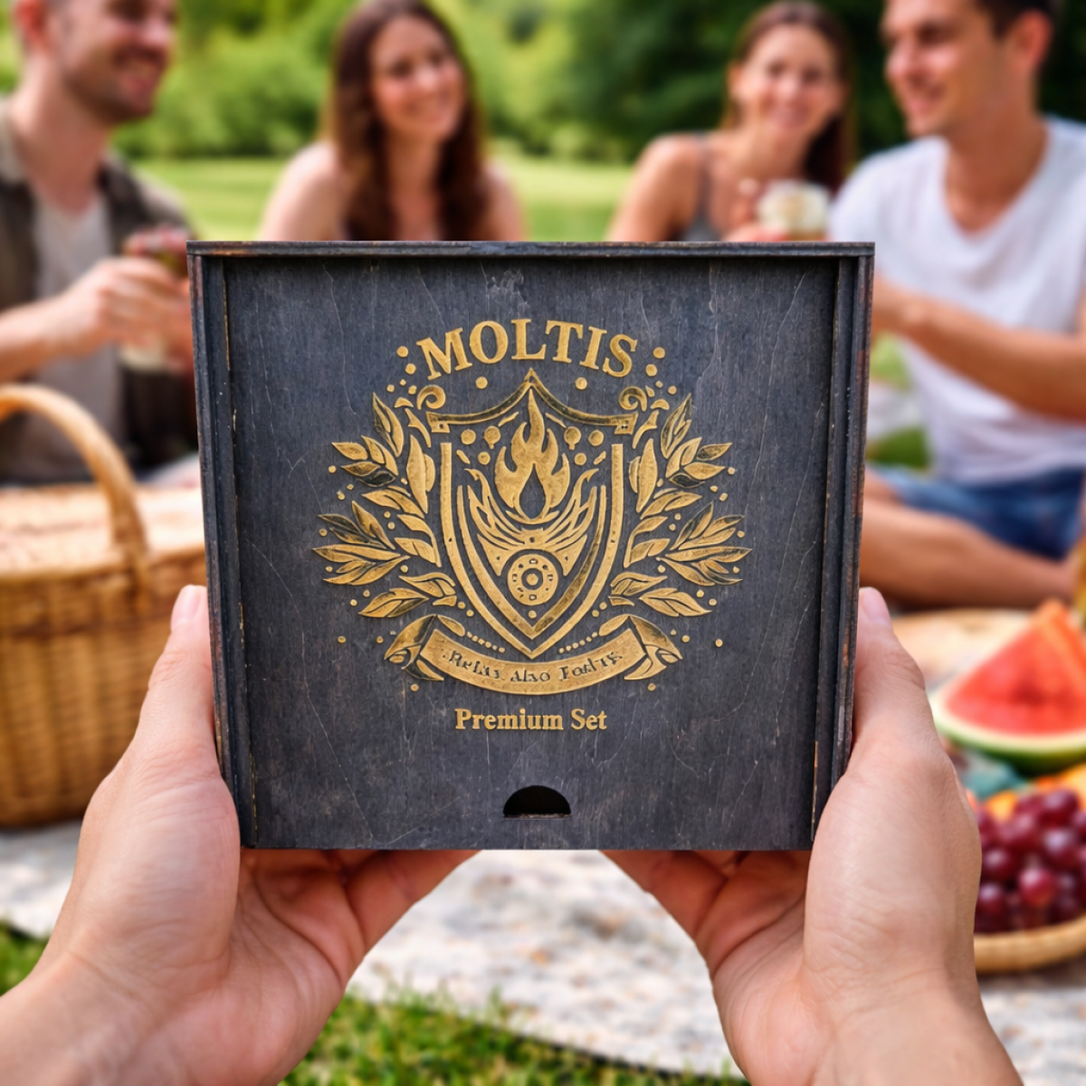 Подарунковий набір для віскі Moltis Quadro Premium Set: келих, 5 металевих кубиків, щипці, підставка, мішечок