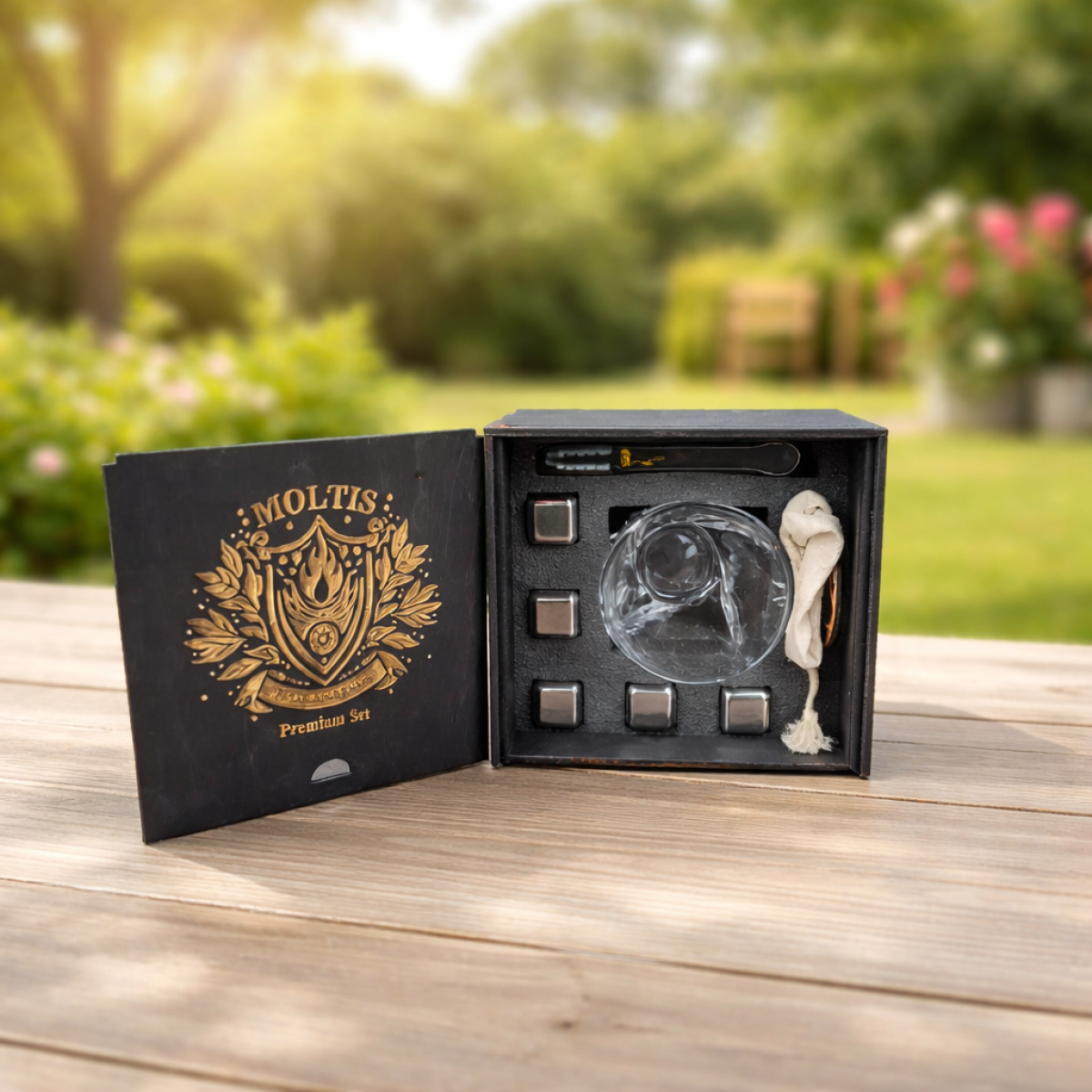 Подарунковий набір для віскі Moltis Quadro Premium Set: келих, 5 металевих кубиків, щипці, підставка, мішечок
