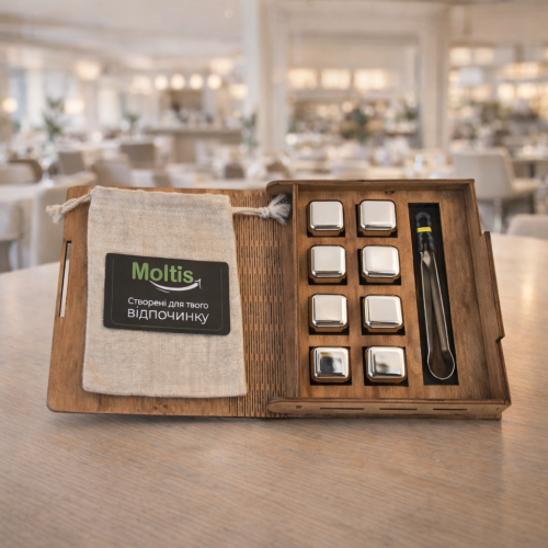 Кубики для віскі Moltis Relax Whiskey Stones Original Wood 8 шт з металу у серебряном цвете (без гравировки) 