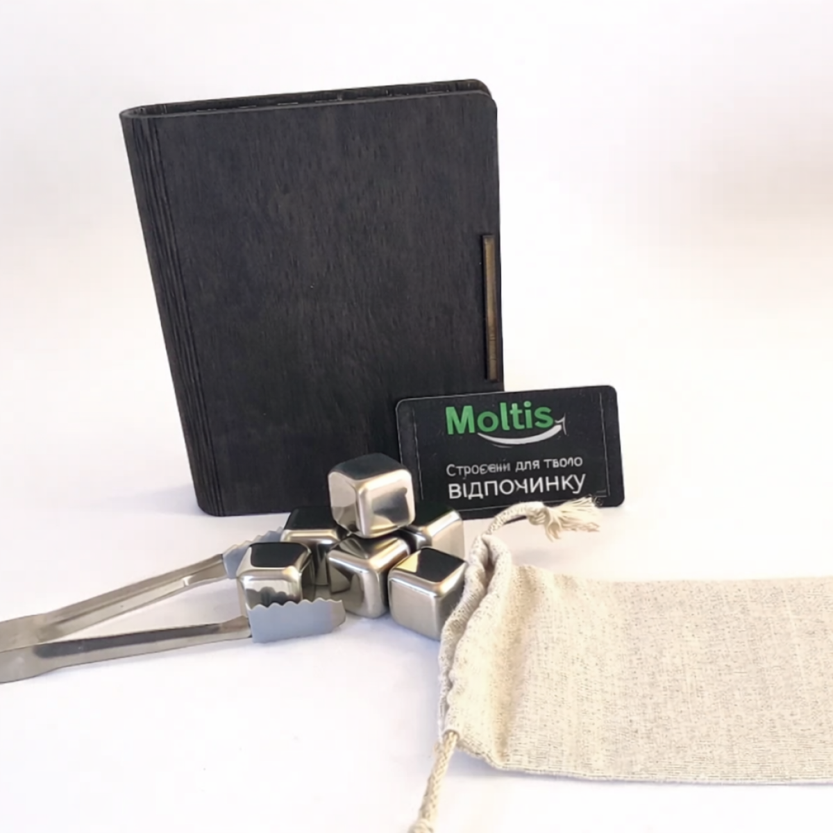 Кубики для віскі Moltis Relax Whiskey Stones Original Wood 8 шт з металу у серебряном цвете (без гравировки) 